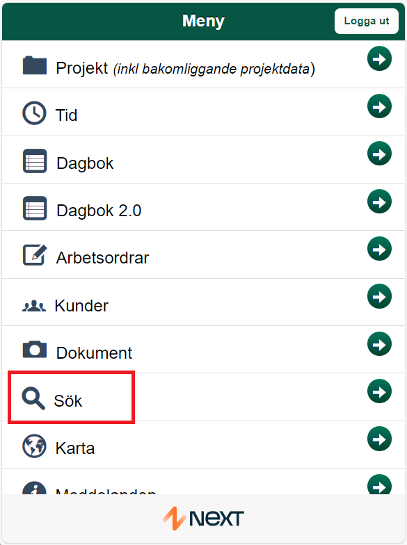 Huvudmeny i affärssystem med Sök markerat