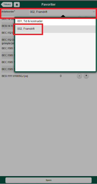 Favoriter — Work Order Type Dropdown Selection