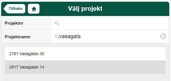 Välj projekt — sökresultat filtrerade på projektnamn