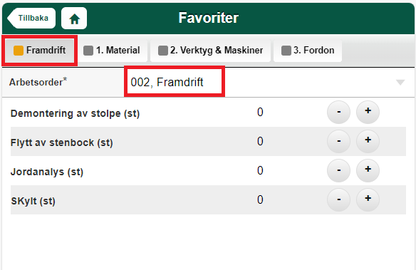 Favoriter-sida med arbetsorder och aktivitetslista
