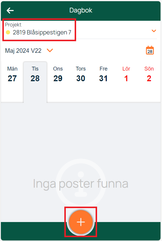 Dagbok — veckovy med tomt resultat och lägg till-knapp