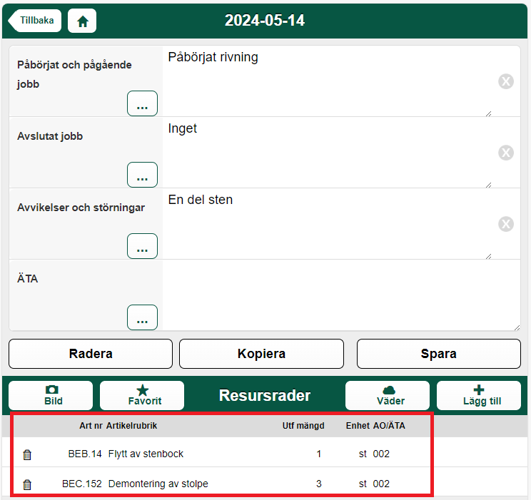 Dagrapport med resursrader och jobbanteckningar
