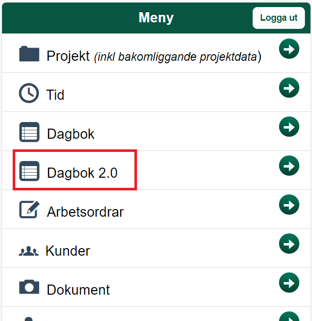 Huvudmeny med Dagbok 2.0 markerad