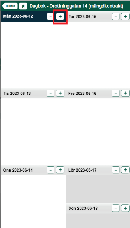 Dagbok weekly view with add entry button highlighted