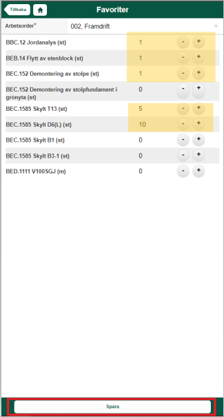 Favoriter — work order item quantity selection