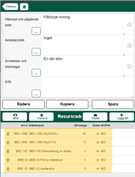 Job report form with resource rows