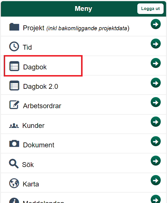 Huvudmeny med Dagbok markerad