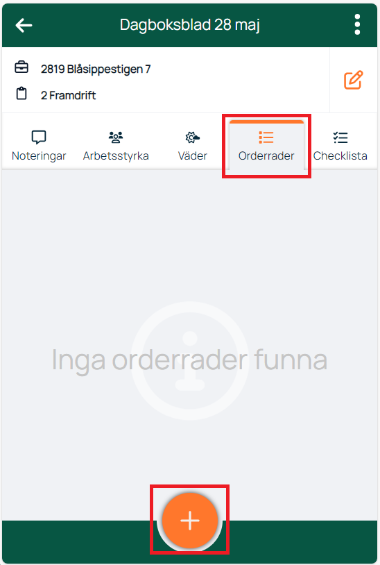 Dagboksblad — fliken Orderrader utan orderrader