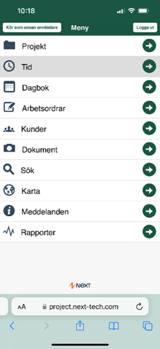 Mobilmeny med navigasjonsvalg i prosjektstyringssystem