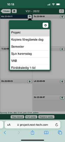 Tidsregistrering — meny med fraværstyper