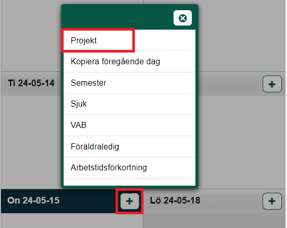 Tidrapportering — dropdown-meny med tidstyper