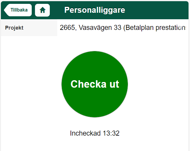 Personalliggare — Checka ut-knapp visas för incheckad användare
