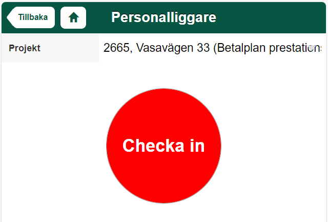 Personalliggare — Checka in-knapp för projekt