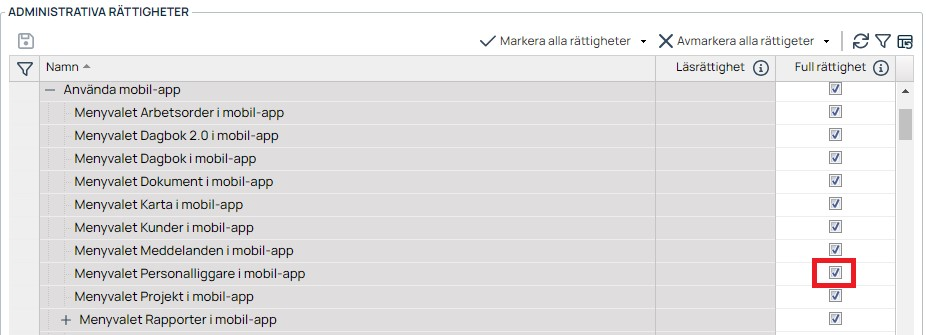 Administrative rettigheter — mobil-app tilganger med avkrysningsbokser