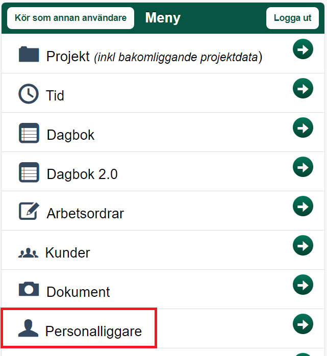 Huvudmeny med Personalliggare markerad