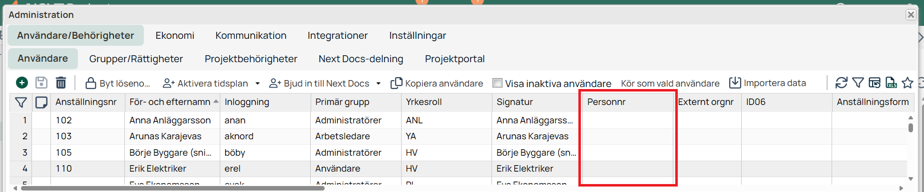 Administration — Användare/Behörigheter, användarlista med Personnr markerat