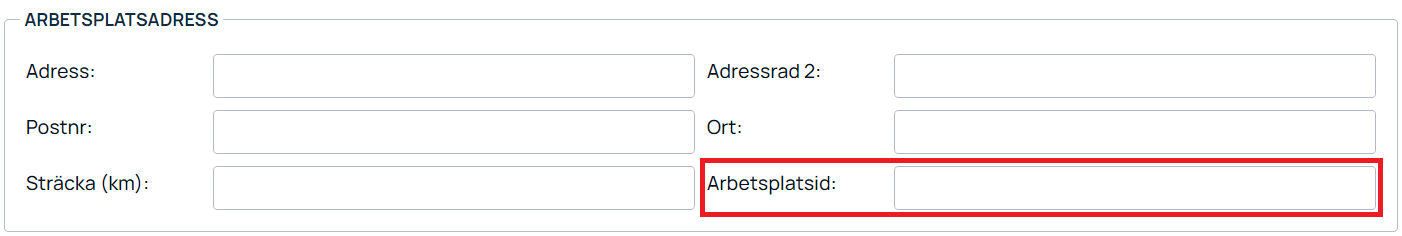 Arbetsplatsadress-sektion med markerat fält Arbetsplatsid