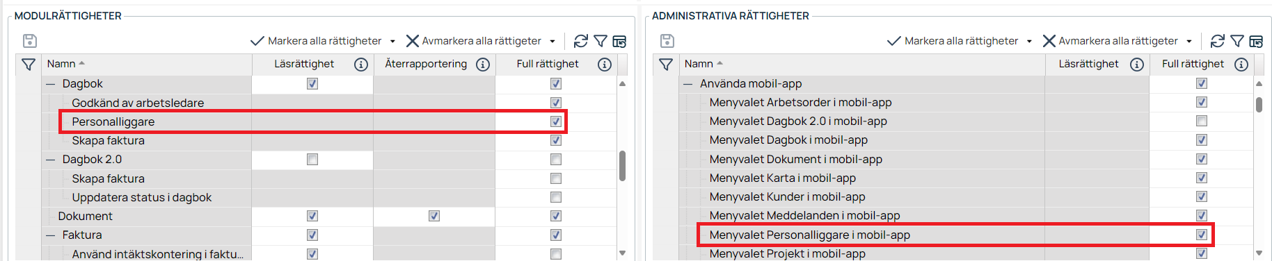 Rättighetsinställningar — modulrättigheter och administrativa rättigheter