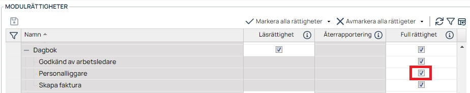 Module rights panel with permission checkboxes