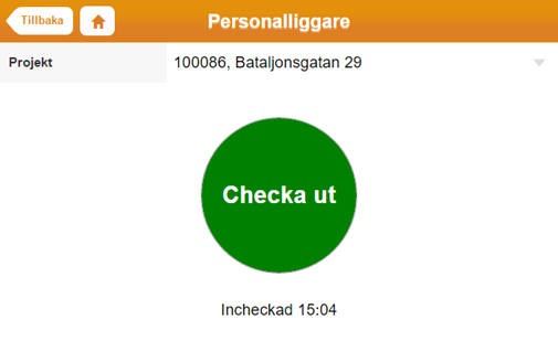 Personalliggare — Check-out screen for a project