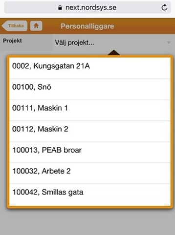Personalliggare — project selection dropdown menu