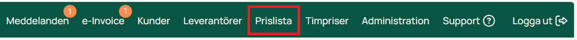 Aceve navigation bar with Prislista selected
