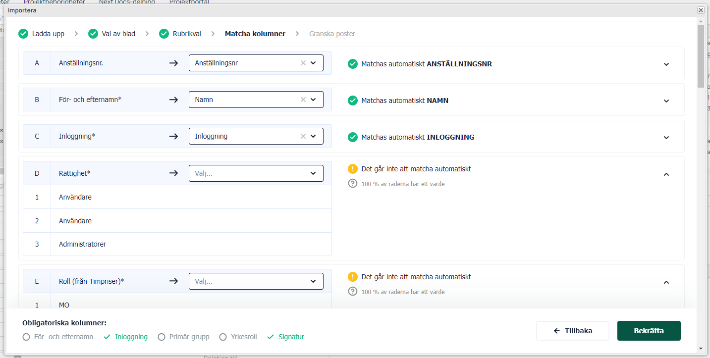 Importdialog — Matcha kolonner med advarsler for umatched felt