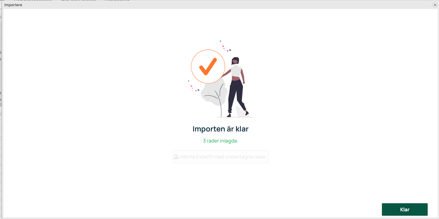 Import fullført — bekreftelsesdialog med suksessmelding