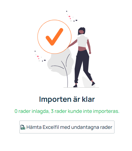 Import fullført — bekreftelsesdialog med feilrader