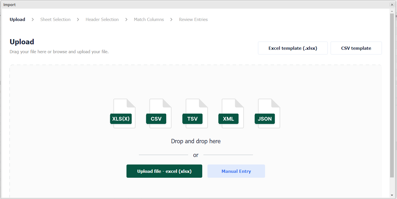 Import dialog — Upload step with file format options