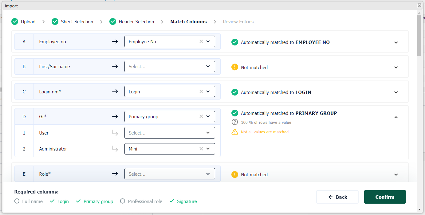 Import wizard — Match Columns step