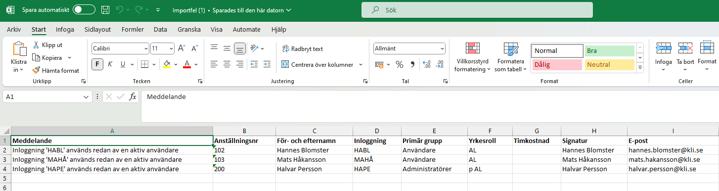 Excel-importfil med feilmeldinger om duplikate brukerpålogginger