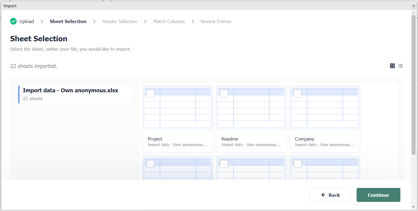 Import wizard — Sheet Selection step