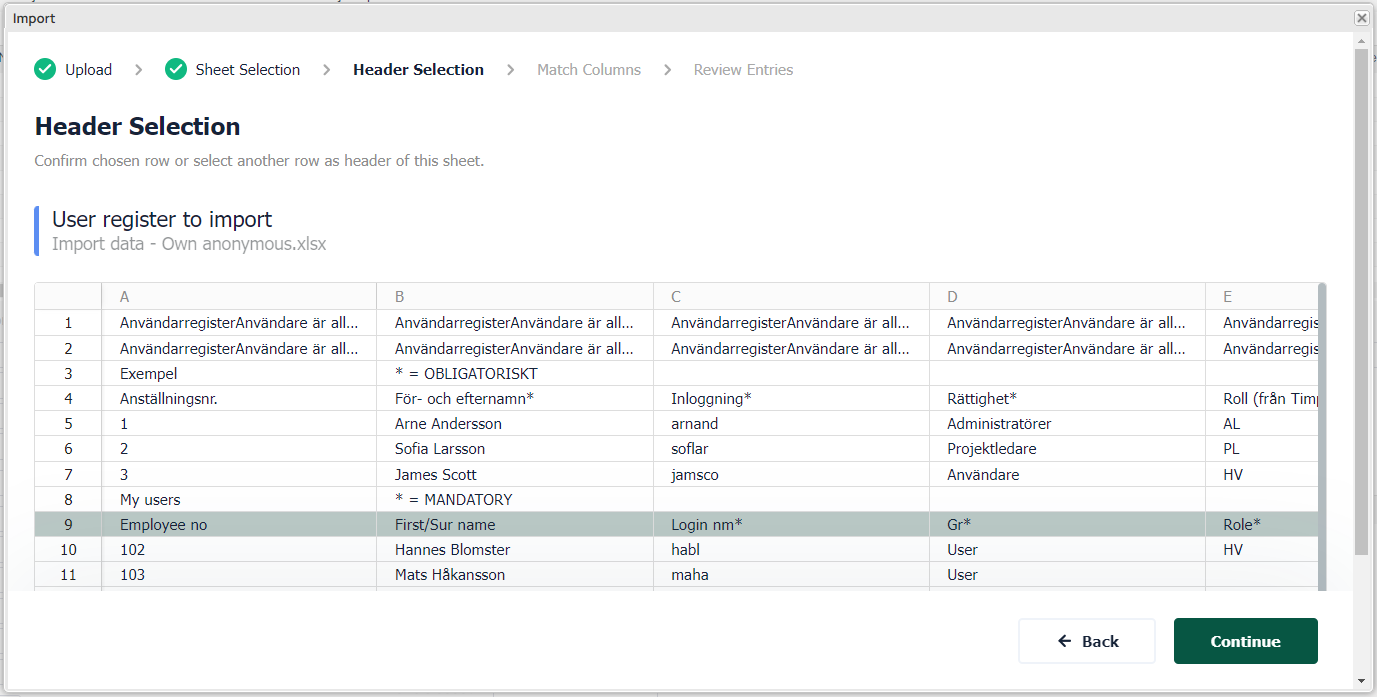 Import wizard — Header Selection step