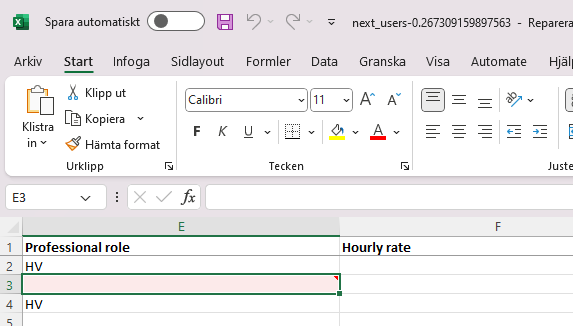 Excel spreadsheet with Professional role and Hourly rate columns