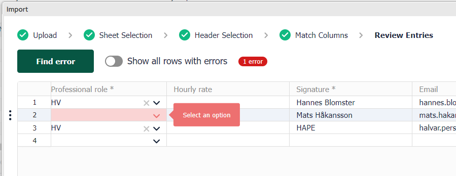 Import wizard — Review Entries step with validation error