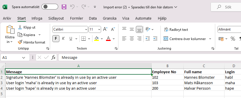 Excel import error report with duplicate user conflicts
