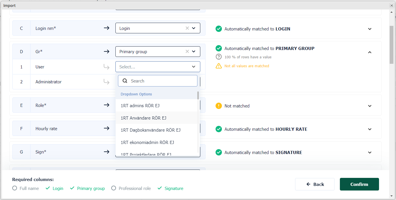 Import dialog — column mapping with dropdown open
