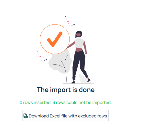 Import complete — rows excluded, download available