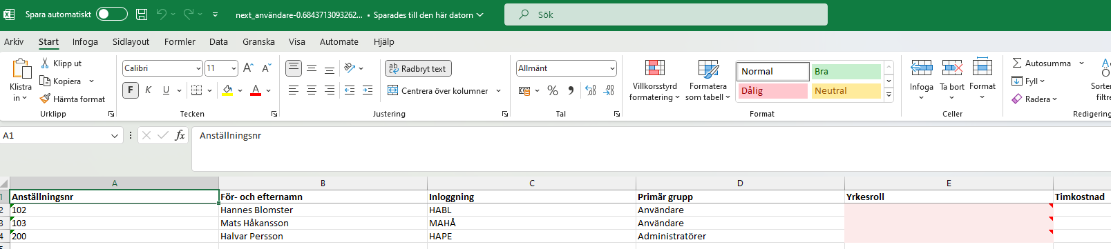 Excel-export av användardata med anställningsnummer och roller