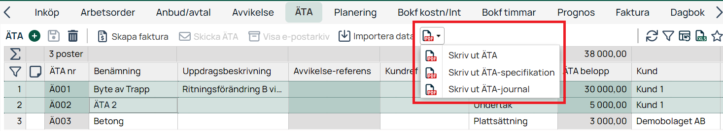 ÄTA-lista med utskriftsmeny öppen i affärssystem