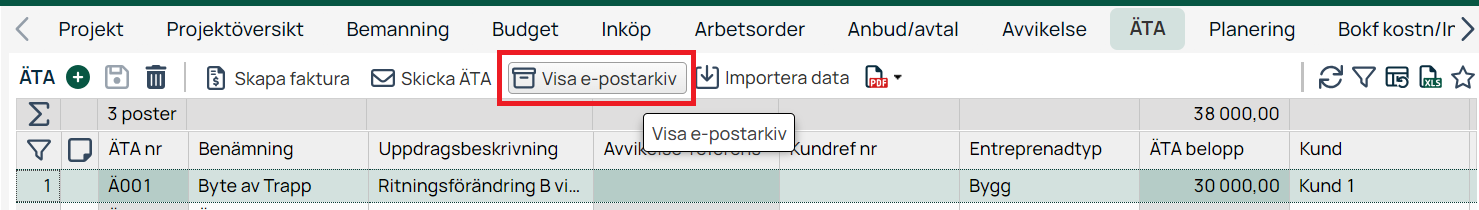ÄTA-fliken i projektmodul med knappen Visa e-postarkiv markerad