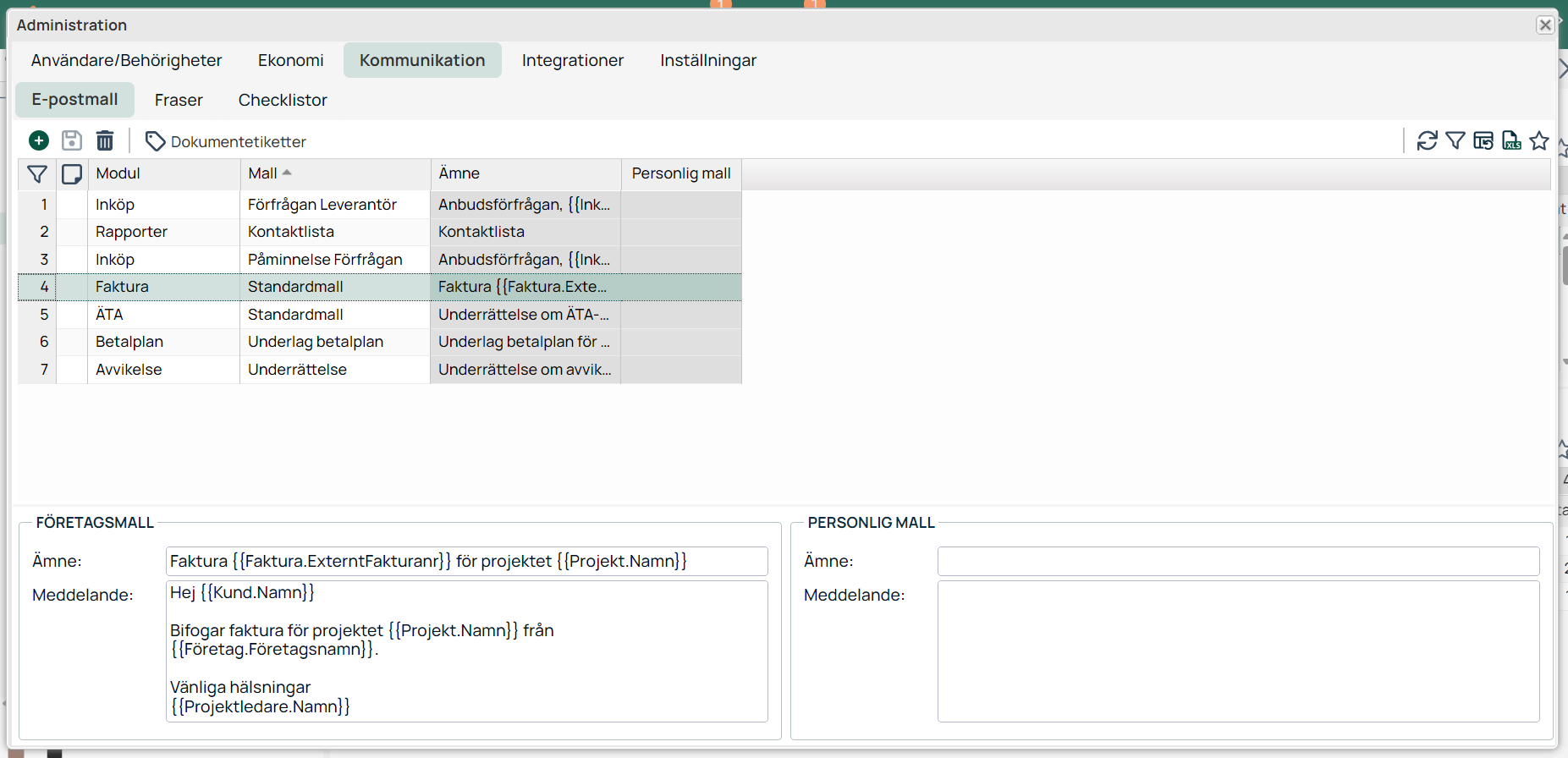 Administration — E-postmallar under Kommunikation-fliken