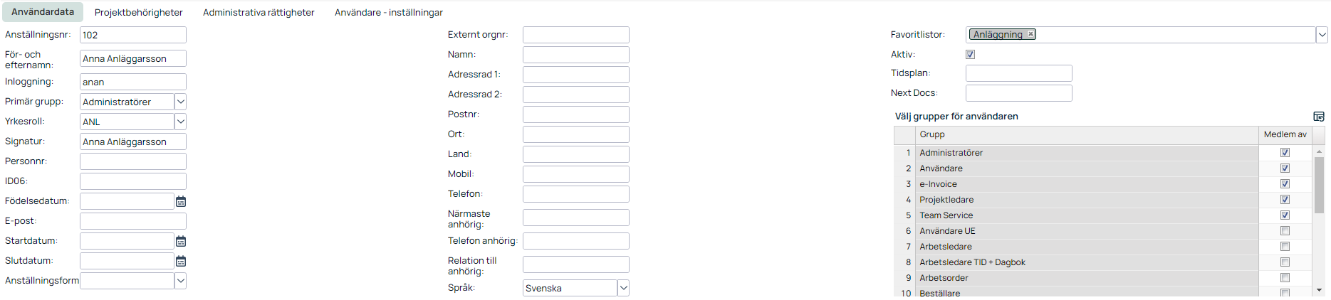 Aceve — User Data tab for employee profile