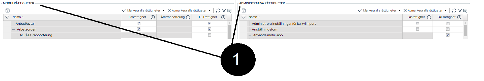User permissions — Module and Administrative rights panels