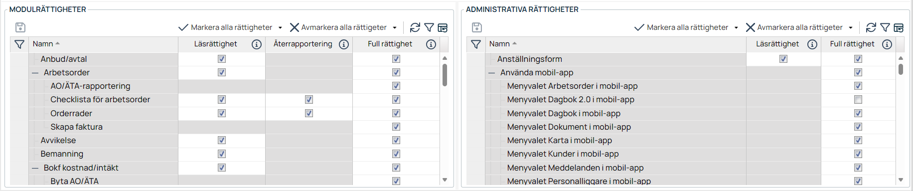 Behörighetsinställningar — Modulrättigheter och Administrativa rättigheter
