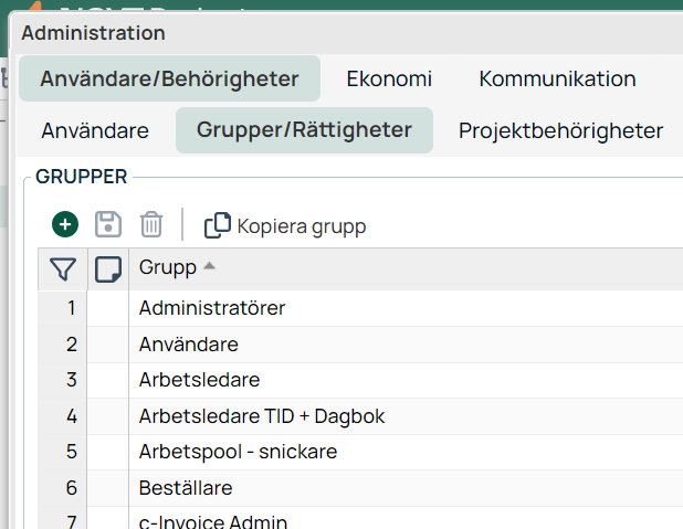 Administration — Grupper/Rättigheter med grupplista