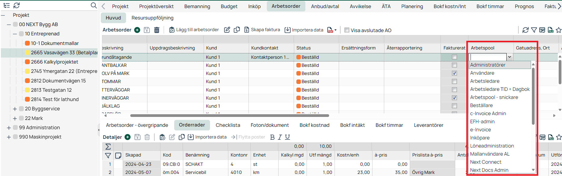 Arbetsorder — Dropdown för val av arbetspool
