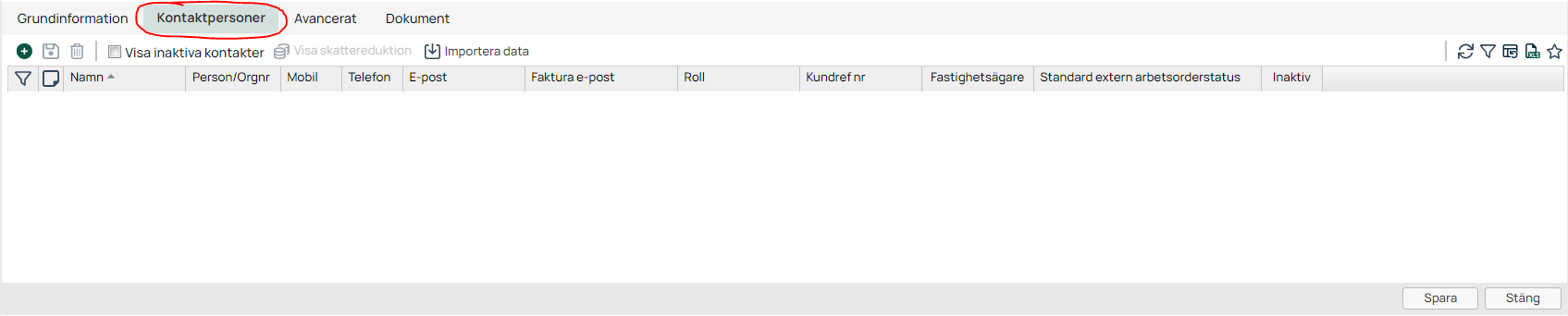 Customer record — Kontaktpersoner tab, empty list