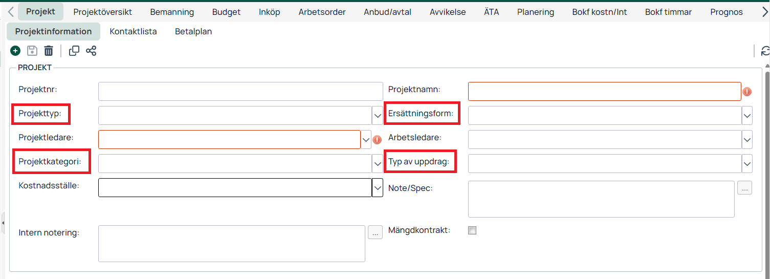 Projektinformation — nytt tomt projekt med obligatoriska fält markerade